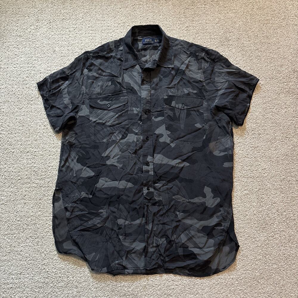 Polo Ralph Lauren Floral Sheer Button Up Blouse Sz XL Top Gray 100% Silk